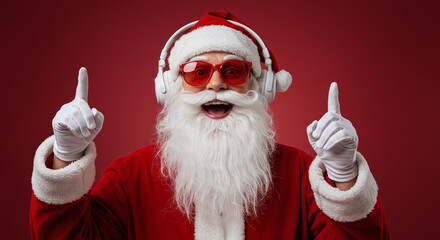Santa claus with headphones and red sunglasses pointing upwards against a red colored background