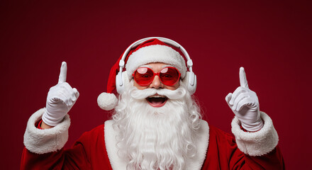 Santa claus with headphones and red heart sunglasses pointing up against a red background for christmas