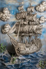 Relief artwork of a sailboat at sea
