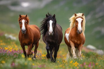 Fototapeta premium Trio of Icelandic Horses Galloping Through a Meadow, Wild Manes Flowing, Mountain Backdrop.