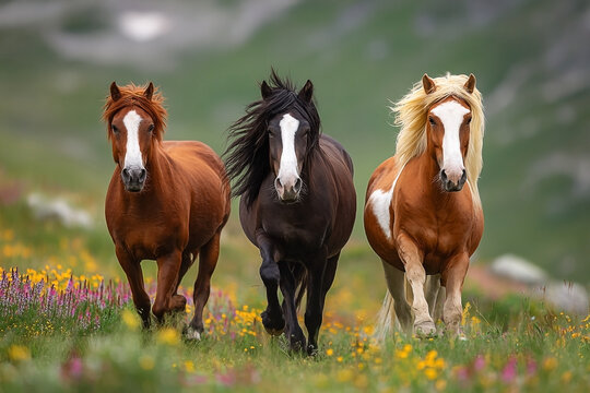 Trio of Icelandic Horses Galloping Through a Meadow, Wild Manes Flowing, Mountain Backdrop. - Powered by Adobe