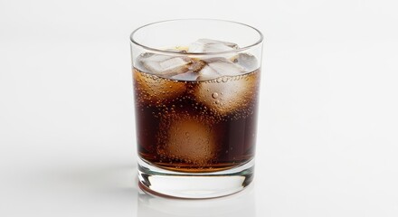 Chilled glass of cola with ice cubes on white background
