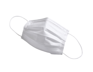 A single white disposable face mask, angled, with pleated fabric and ear loops