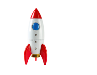 Red and white rocket toy, pointed nose, blue button, on black background
