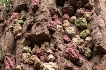 Close-up of textured, reddish-brown rock face, studded with various colored small rocks