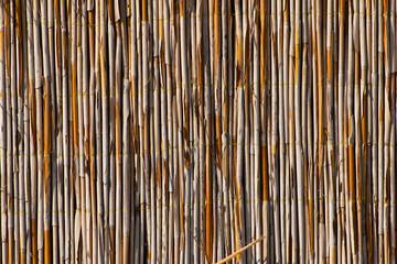 A close-up, full-frame view of a woven fence or mat made from natural dried reeds and bamboo sticks