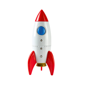 Red and white rocket toy, pointed nose, blue button, on black background