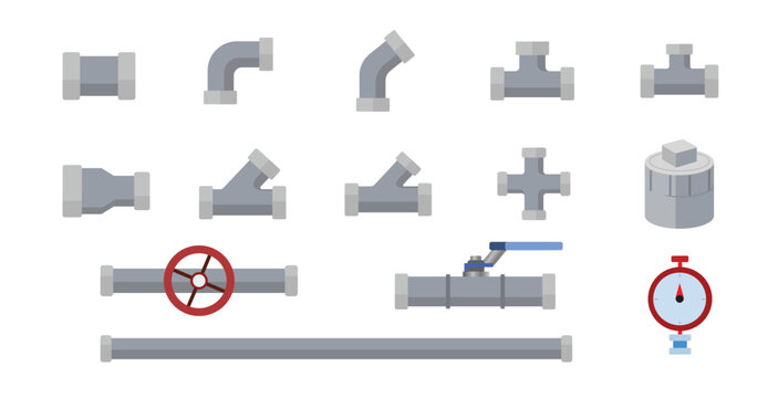 set of pipe element vector illustration, types of pipe plumbing, pipe shapes stock, plumbing industry and factory
