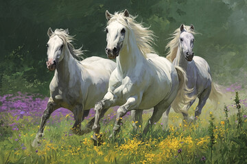 Fototapeta premium Majestic Trio of White Horses Galloping Through a Sunlit Meadow of Wildflowers.