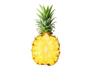 A whole pineapple cut in half, displaying the vibrant yellow flesh and green crown