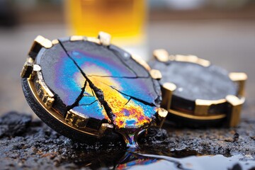 Broken discs, iridescent crack, dark residue