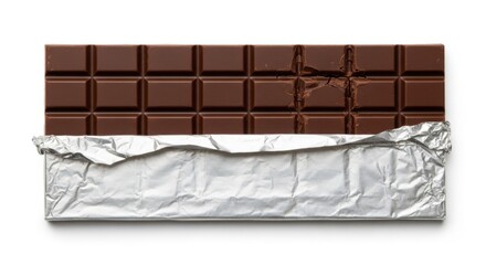 A broken bar of dark chocolate in its open wrapper