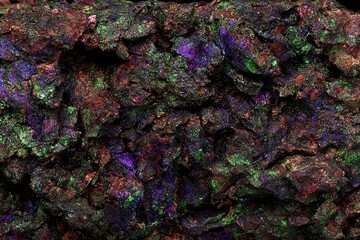 Close-up view of a textured rock surface, richly colored with vibrant hues of green, purple, and maroon