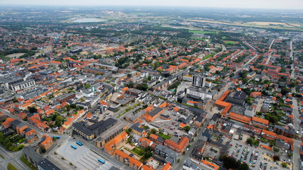 Aerial panorama of the downtown of the city Herning in Denmark on a sunny summer day.