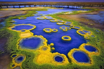 Vivid hot spring pools with vibrant yellow and blue colors