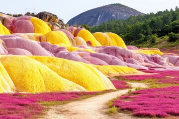 Colorful hills with a path through vibrant pink and yellow earth formations, surrounded by pink flowers and forest