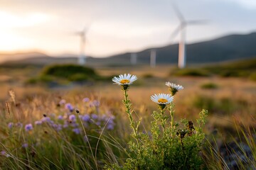 Wind turbines in a green landscape with blooming wildflowers Generative AI