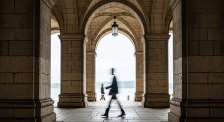 Fototapeta premium Silhouettes walking in stone archway with river view