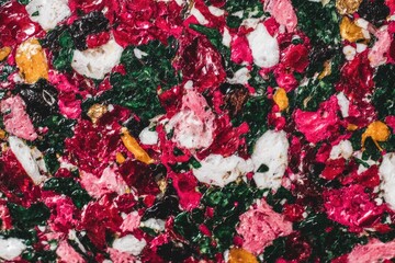 Close-up view of colorful, textured pieces