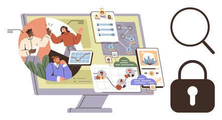 Desktop showing team collaboration, analytics, and communication tools. Magnifying glass and lock representing search and security. Ideal for teamwork, data sharing, project management, analytics