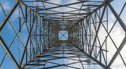 Towering lattice structure against a cloudy blue sky viewed from below