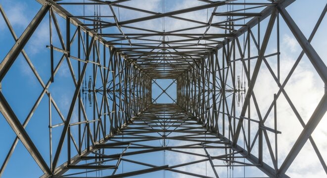 Towering lattice structure against a cloudy blue sky viewed from below