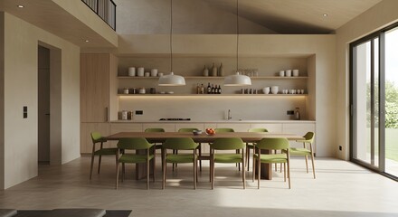 Modern Minimalist Kitchen with Dining Table and Green Chairs Bright Natural Light
