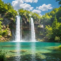 Obraz premium Breathtaking Waterfall Cascading into Turquoise Pool Surrounded by Lush Green Forest ai generated 