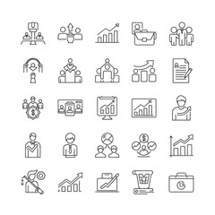 "Minimal outline vector icons of teamwork, communication, business collaboration, office workflow, partnership, brainstorming, clean black and white line style"