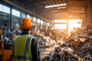 A worker in safety vest and hardhat observes pile of waste in recycling plant, concept for waste management strategy, industrial safety regulations and sustainable resource recovery