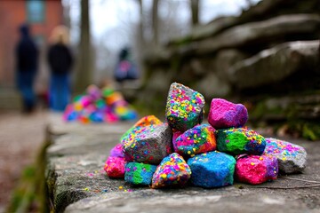 Colorful painted rocks arranged in piles on a stone wall, with blurred figures in the background