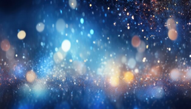 sparkling blue bokeh glitter background with glowing golden light orbs and shimmering festive particles for wallpaper or banner