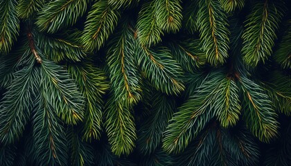 lush evergreen pine needles close up with rich green texture and golden highlights ideal for festive wallpaper or elegant banner background