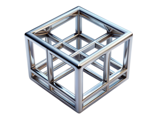 Chrome Metal Cube Structure with Intersecting Lines and Geometric Design on Transparent Background