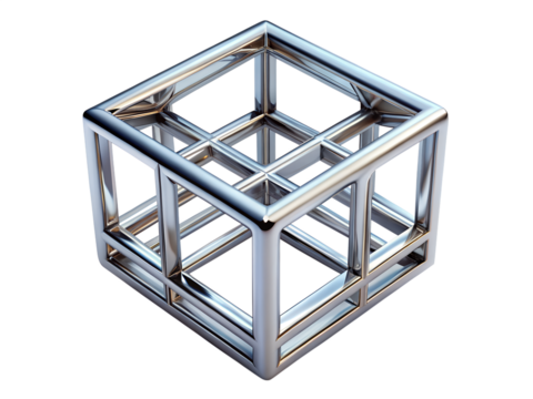 Chrome Metal Cube Structure with Intersecting Lines and Geometric Design on Transparent Background