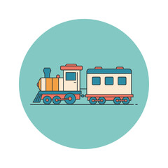 Naklejka premium A charming flat illustration of a toy-like train with a locomotive and a single passenger car on a round teal background.