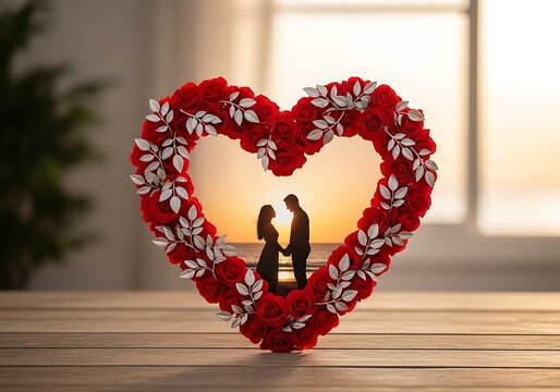 A heart-shaped frame of red roses and silver leaves encircles a romantic silhouette of a couple at sunset.