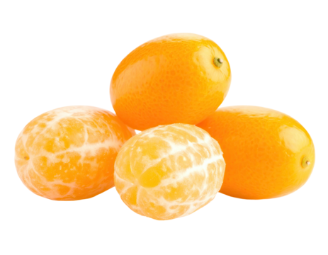 Stack of four kumquats, some peeled, vibrant orange-yellow color