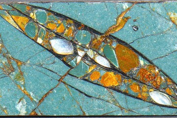 Close-up of a decorative stone slab, showcasing a blend of teal, orange, and white.  Intricate patterns and inclusions are visible