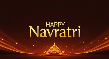 Happy navratri greeting card with golden text and decorative elements on a dark brown background, perfect for celebrating the hindu festival