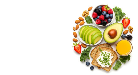 Healthy Breakfast Foods Arrangement on White Background Top View