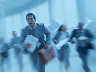 A group of diverse businesspeople urgently running through an office hallway with documents and briefcase. Concept for urgent deadlines, time management, and corporate pressure