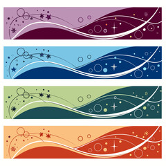 Four colorful abstract banners with stars and circles