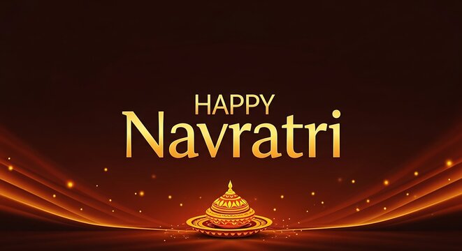 Happy navratri greeting card with golden text and decorative elements on a dark brown background, perfect for celebrating the hindu festival