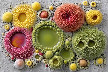 Abstract, colorful, textured forms resembling bubbles or fungi, arranged on a light-gray surface
