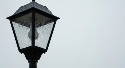Rain-drenched black street lamp against overcast sky