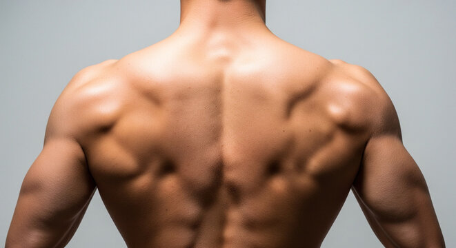 A detailed shot from the back of a muscular man, showcasing his well-defined and sculpted back and shoulder muscles against a simple gray background
