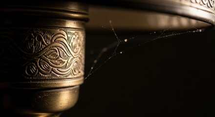 Close-up of ornate bronze metalwork with delicate spider web in low light
