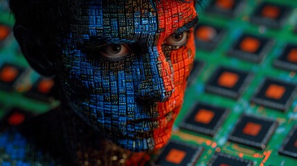 A striking portrait showcases a human face dramatically bisected with intricate patterns resembling electronic circuitry, evoking themes of technology and identity, captured with vivid color.