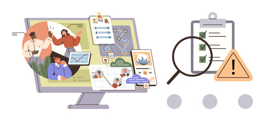 Computer screen with diverse visuals, magnifier over a checklist, and warning sign. Ideal for project planning, organization, goal setting, risk management, decision-making, and team collaboration